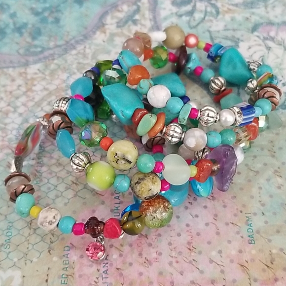 NWT Hand Crafted Semi Precious  Stone Glass Vintage Bead Wrap Bracelet - Picture 10 of 16
